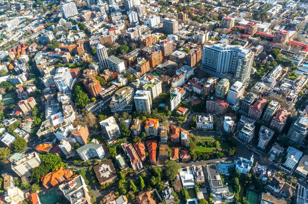 City neighbourhood, suburb in the summer aerial