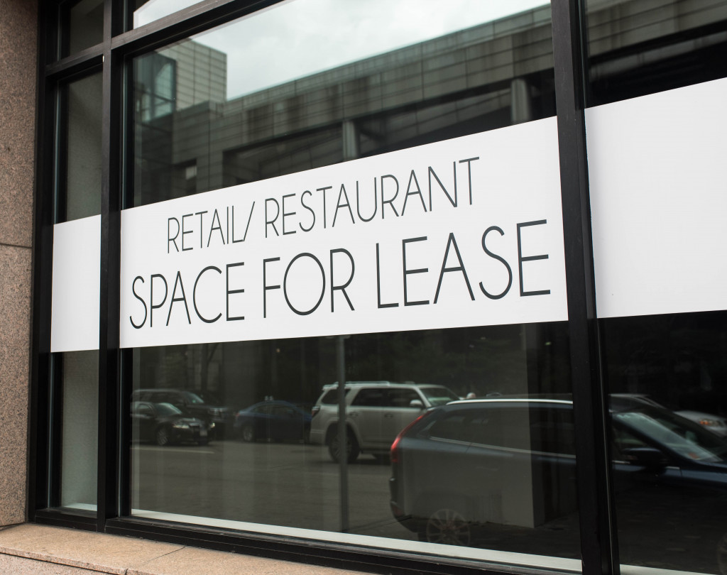 Space for lease sign on the window of a commercial property.