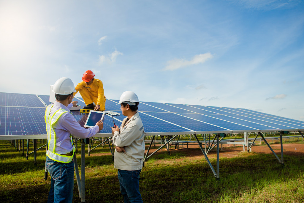 People maintaining a solar farm